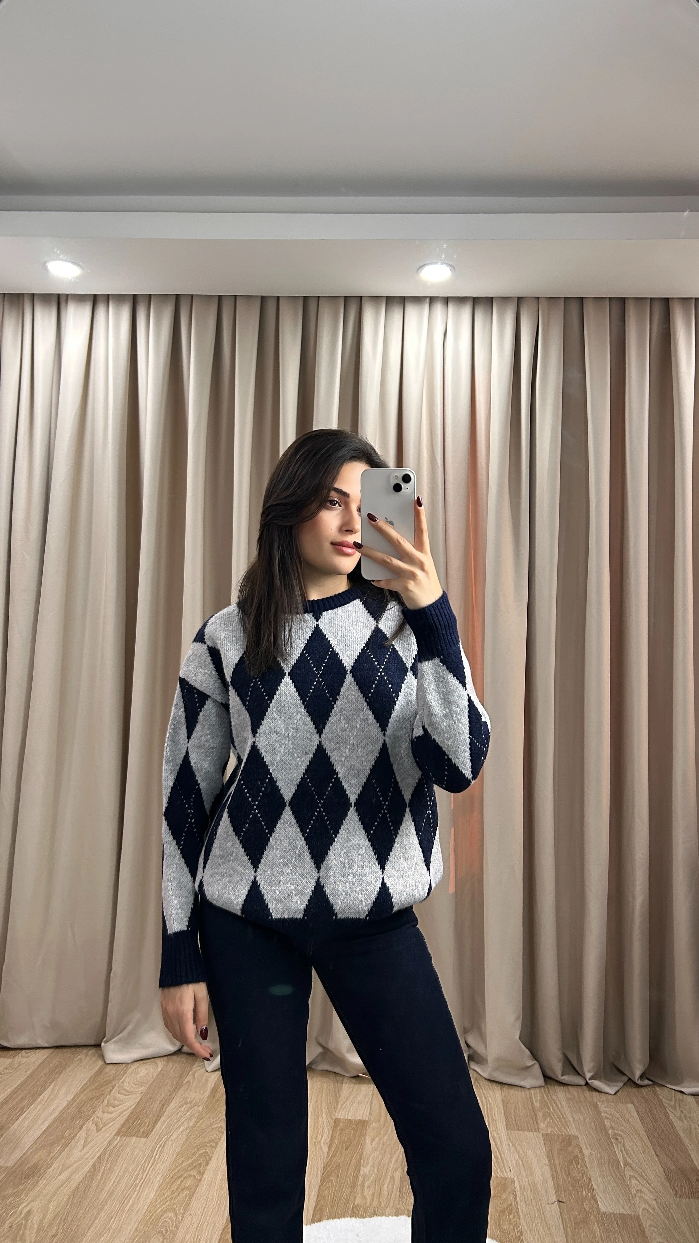 BAKLAVA DESENLİ KAZAK - Mavi