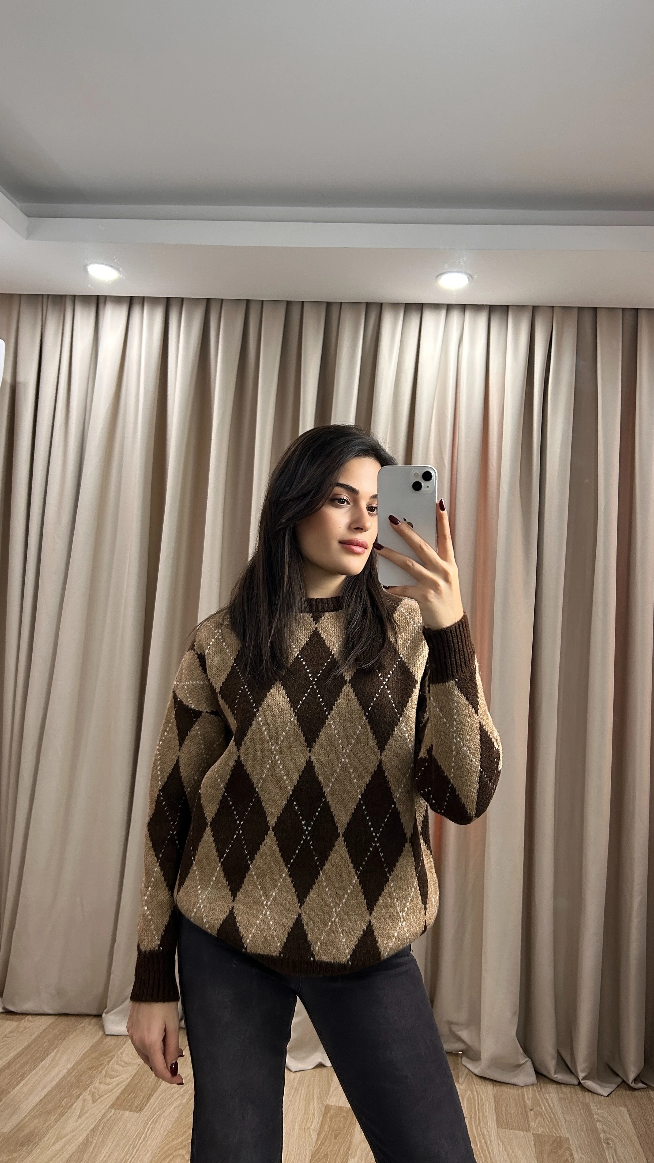 BAKLAVA DESENLİ KAZAK - Kahverengi