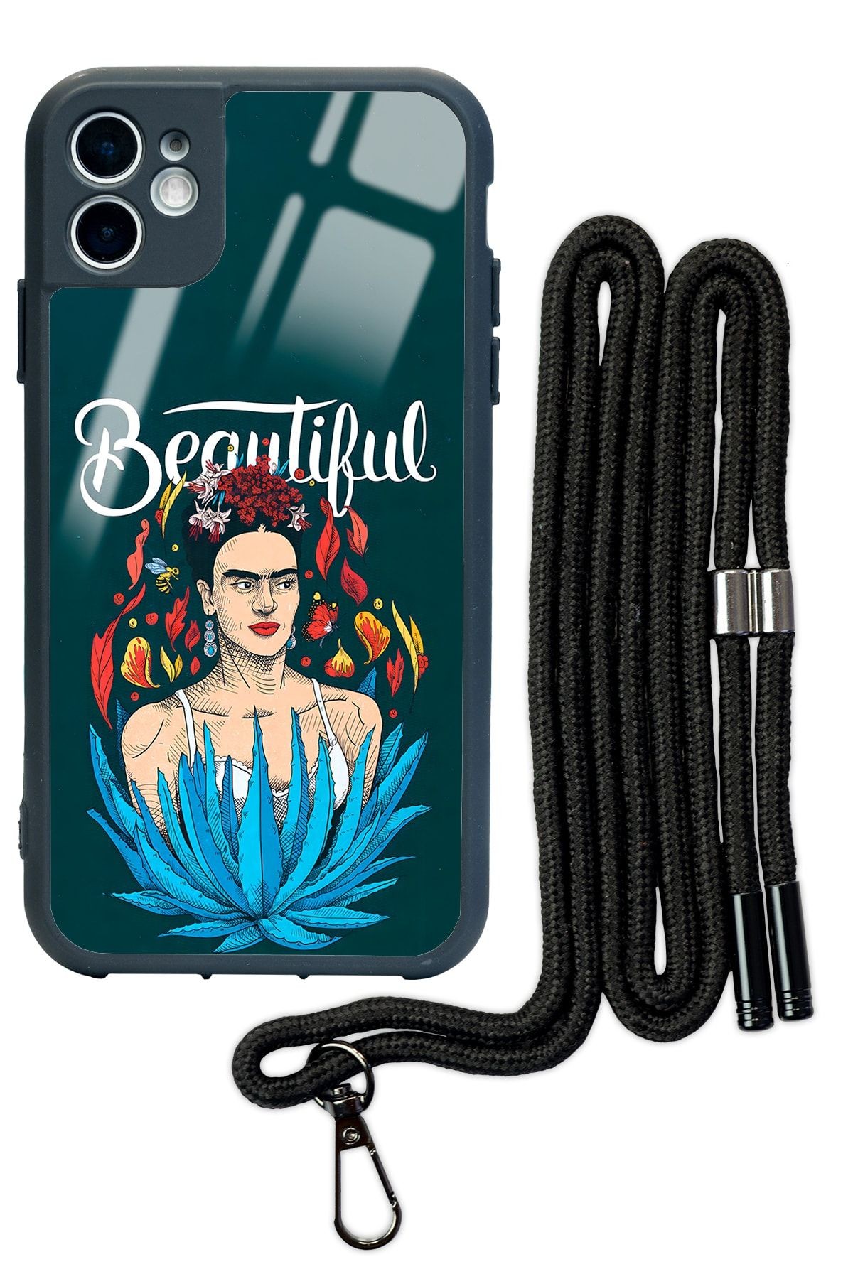 iPhone 11 Beautiful Frida Kahlo Tasarımlı Siyah İpli Boyun Askılı Glossy Telefon Kılıfı