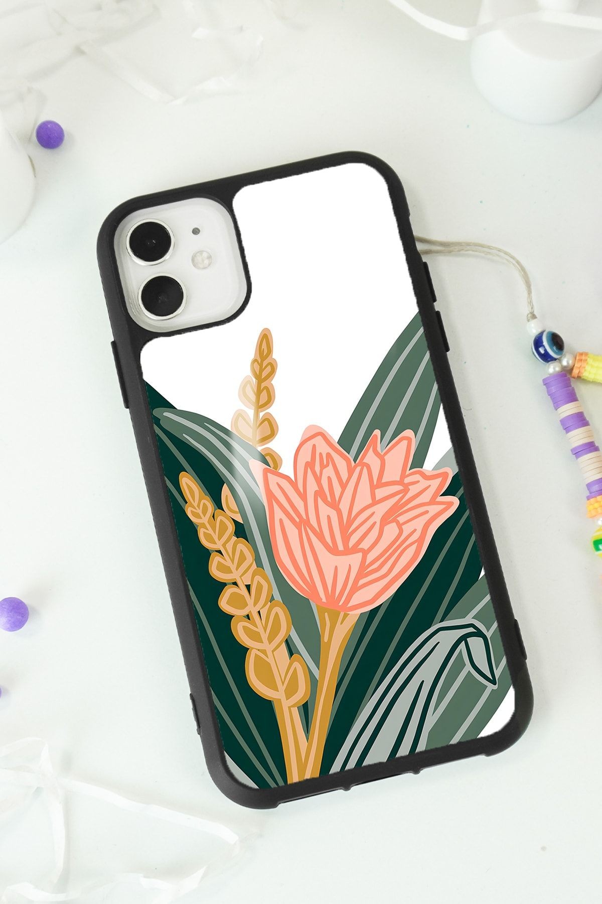 iPhone 11 Beyaz Karanfil Tasarımlı Glossy Telefon Kılıfı