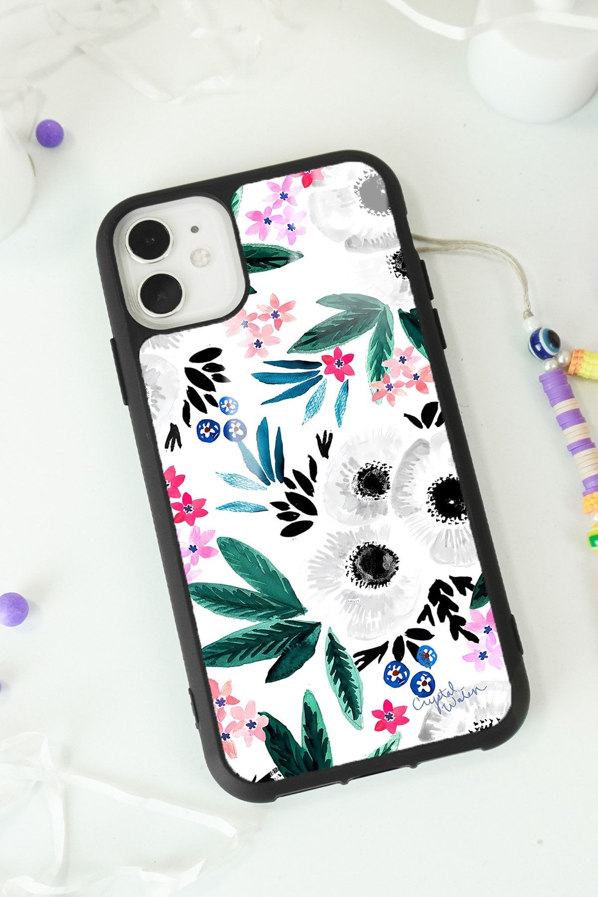 iPhone 11 Beyaz Çiçek Tasarımlı Glossy Telefon Kılıfı
