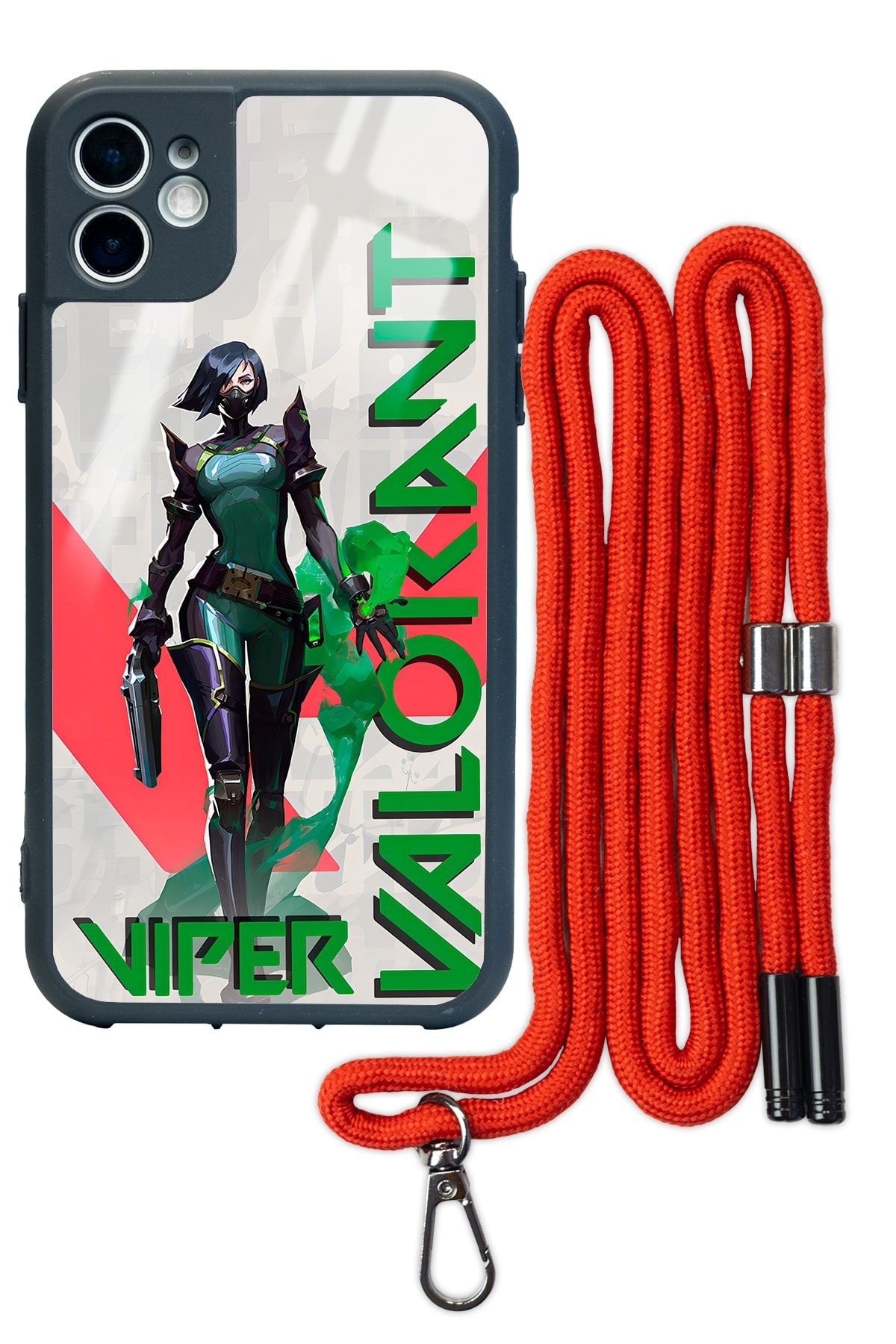 iPhone 11  Uyumlu Valorant Viper Tasarımlı Kırmızı İpli Boyun Askılı Glossy Telefon Kılıfı