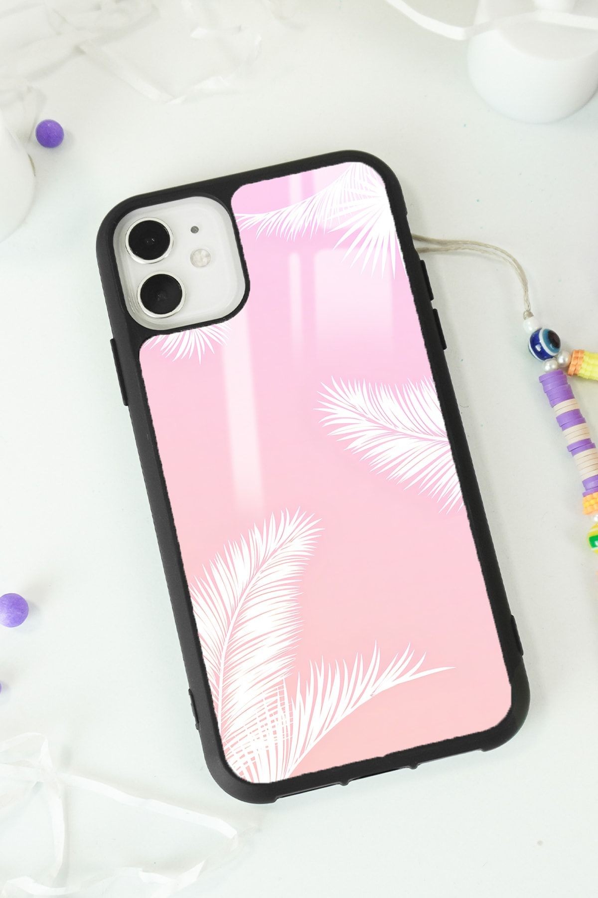 iPhone 11 Beyaz Palmiye Tasarımlı Glossy Telefon Kılıfı