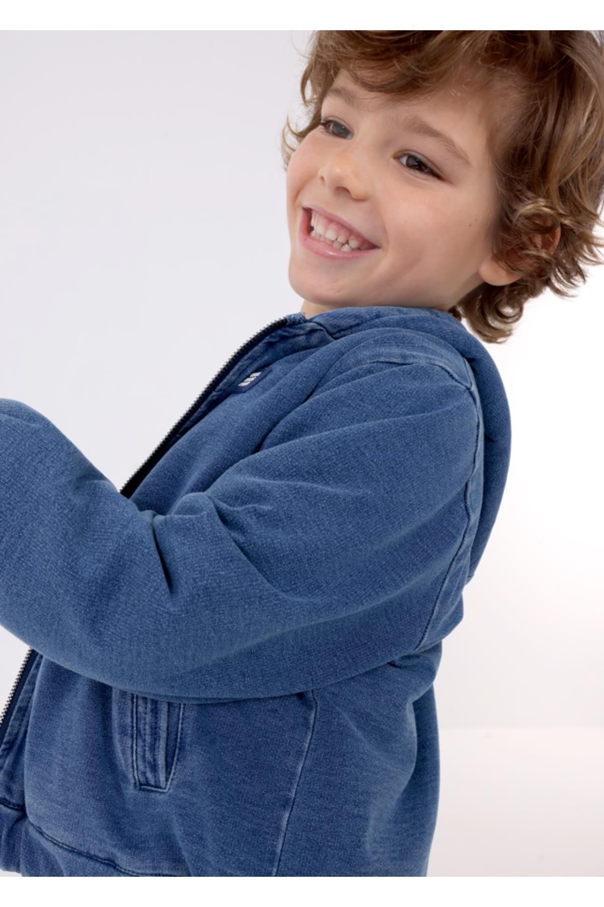 Örme Denim Içi Peluşlu Kapüşonlu Erkek Çocuk Sweatshirt