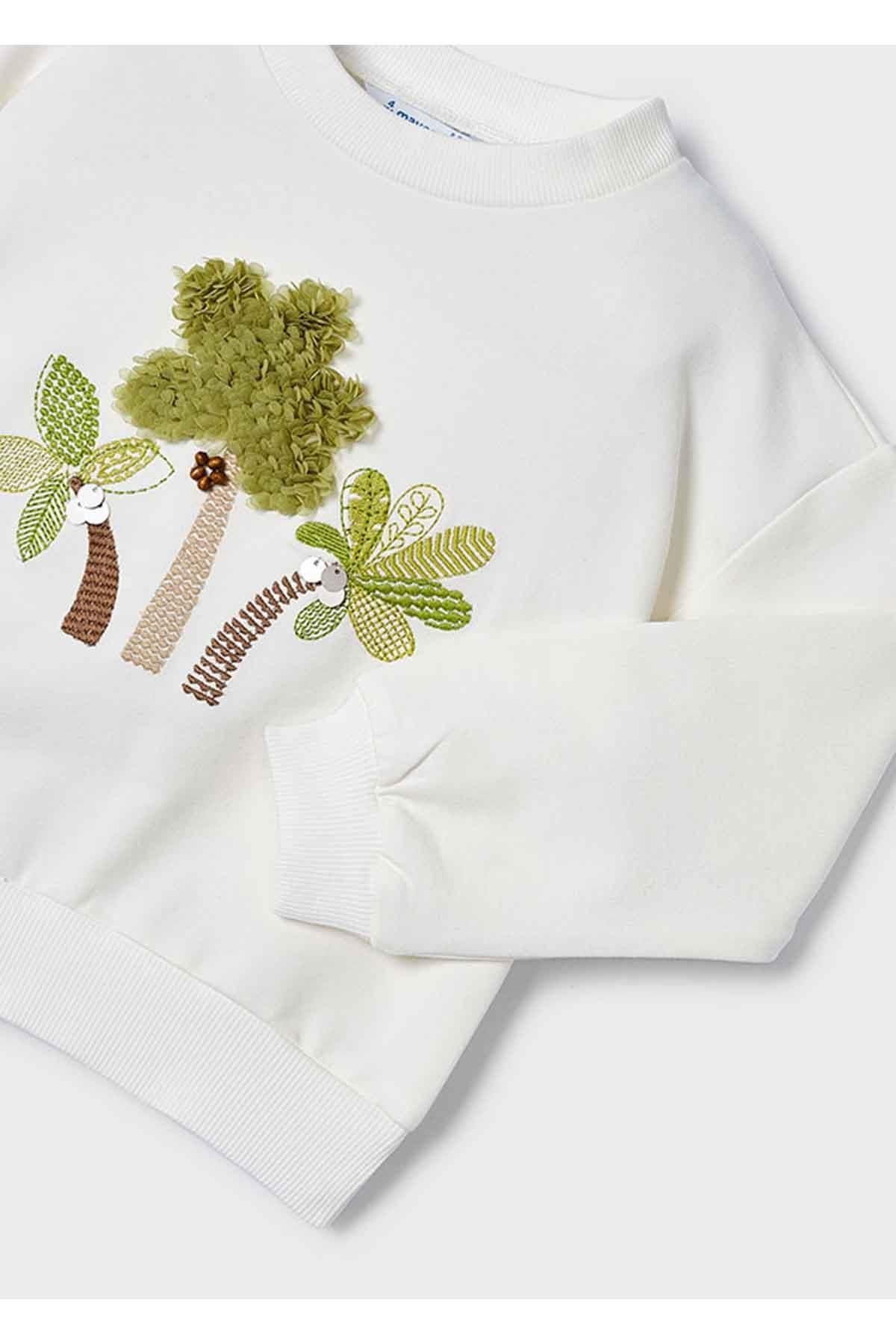 Yazlık Kız Işlemeli Uzun Kol Sweatshirt Krem