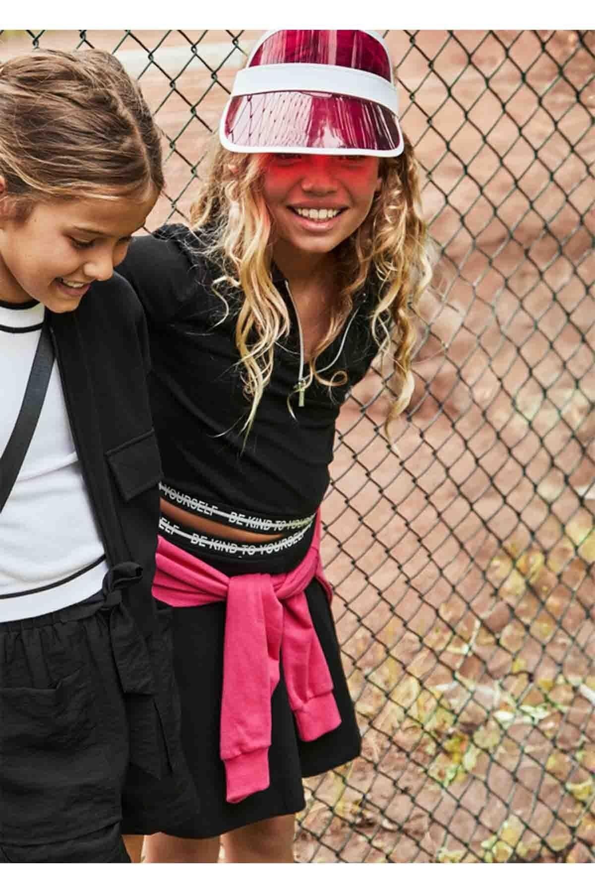 Yazlık Kız Çocuk Polo Yaka Üst T-shirt Etek 2'li Takım - Siyah