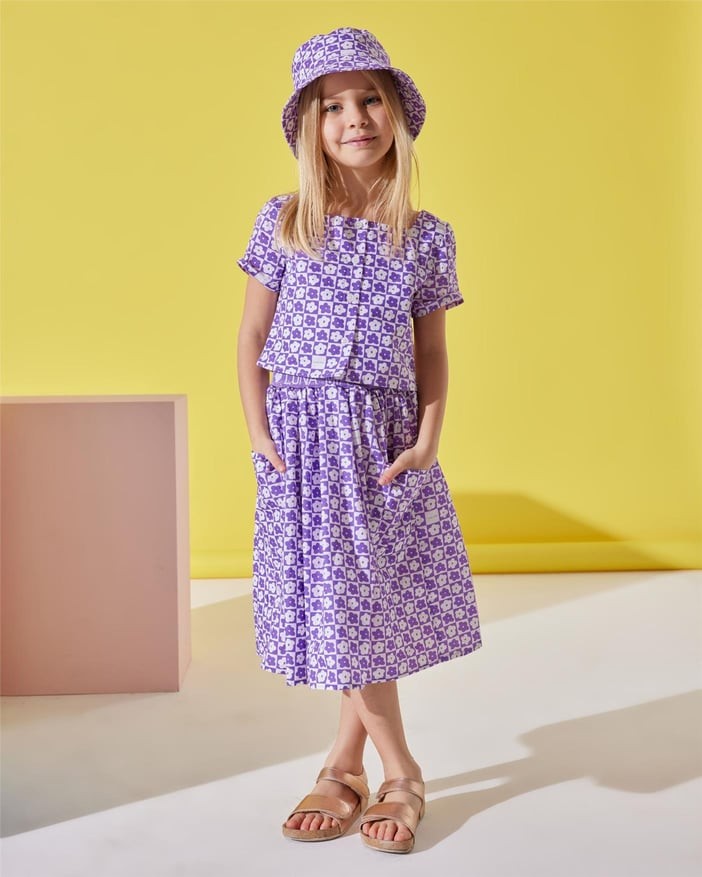 Purple Floral Check Bluz - Etek- Şapka Set