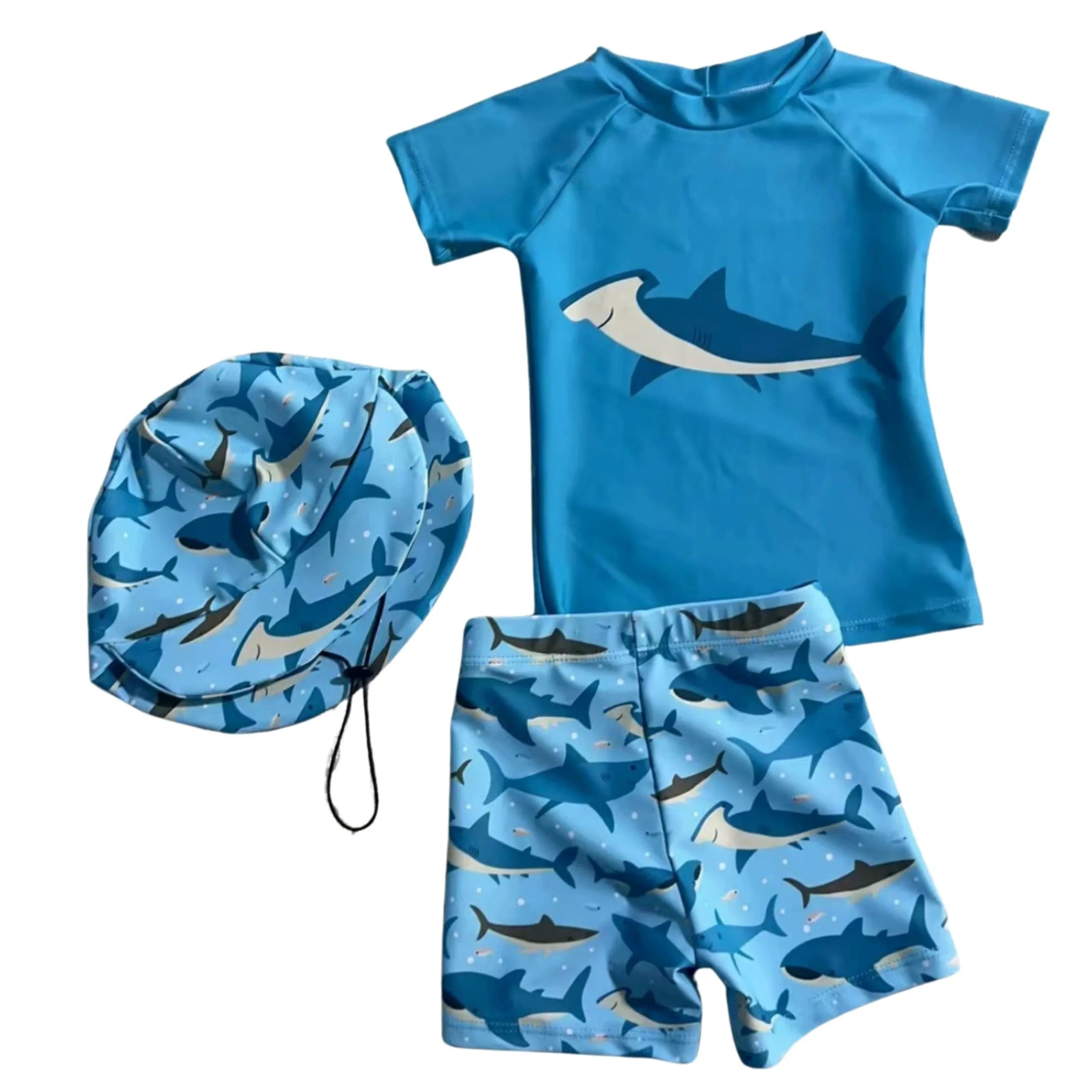 3’lü UV Korumalı Erkek Çocuk Şapka Mayo Tshirt Set Mavi Köpekbalığı Desenli Hammershark