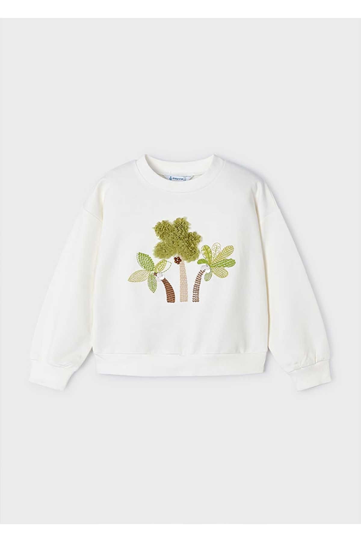 Yazlık Kız Işlemeli Uzun Kol Sweatshirt Krem