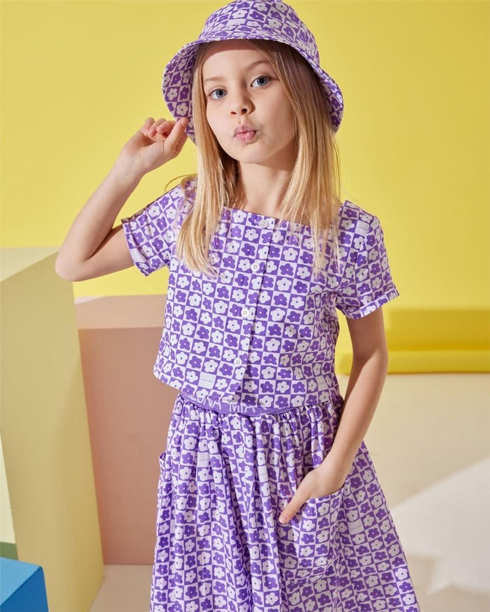 Purple Floral Check Bluz - Etek- Şapka Set