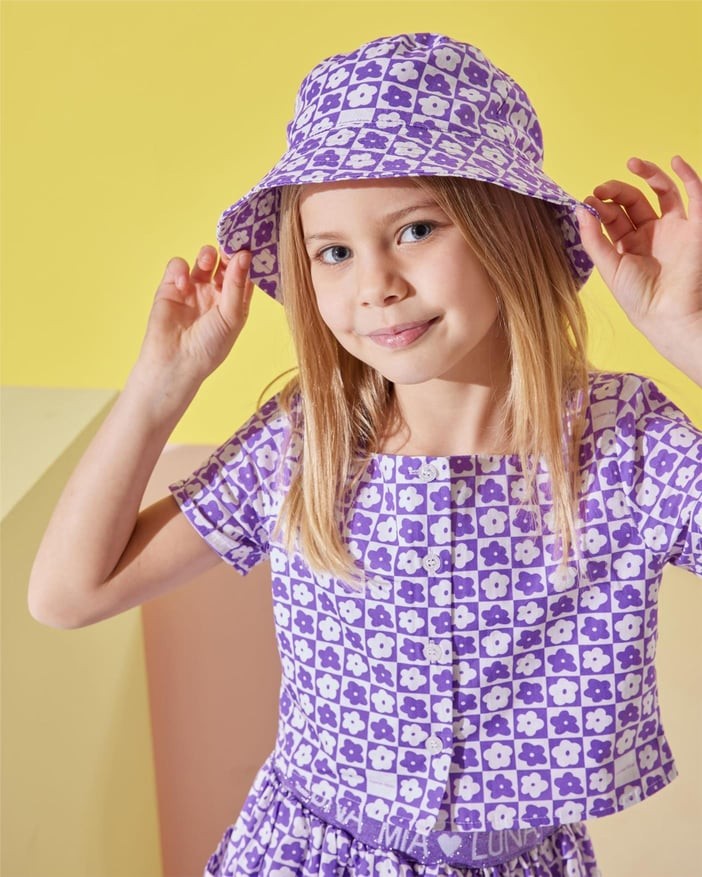 Purple Floral Check Bluz - Etek- Şapka Set