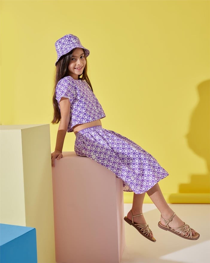 Purple Floral Check Bluz - Etek- Şapka Set