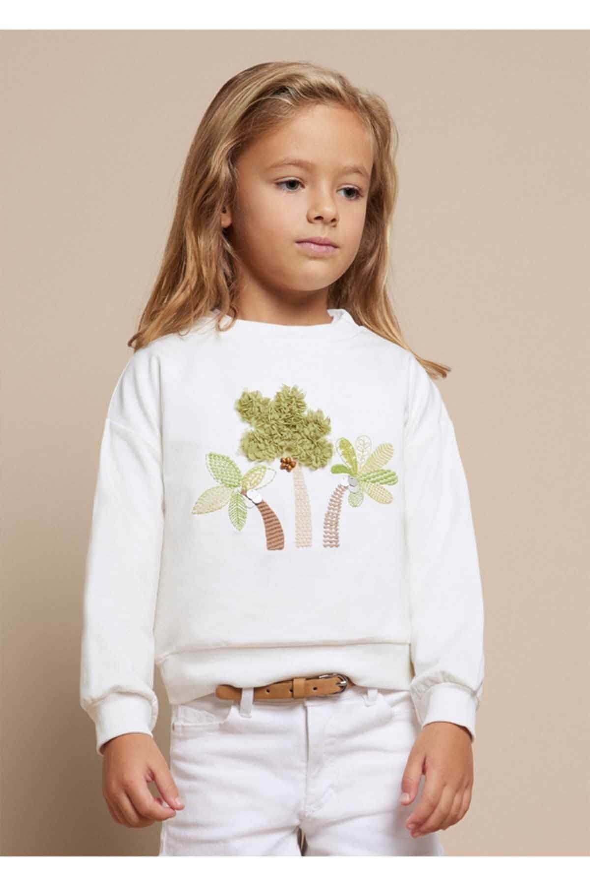 Yazlık Kız Işlemeli Uzun Kol Sweatshirt Krem