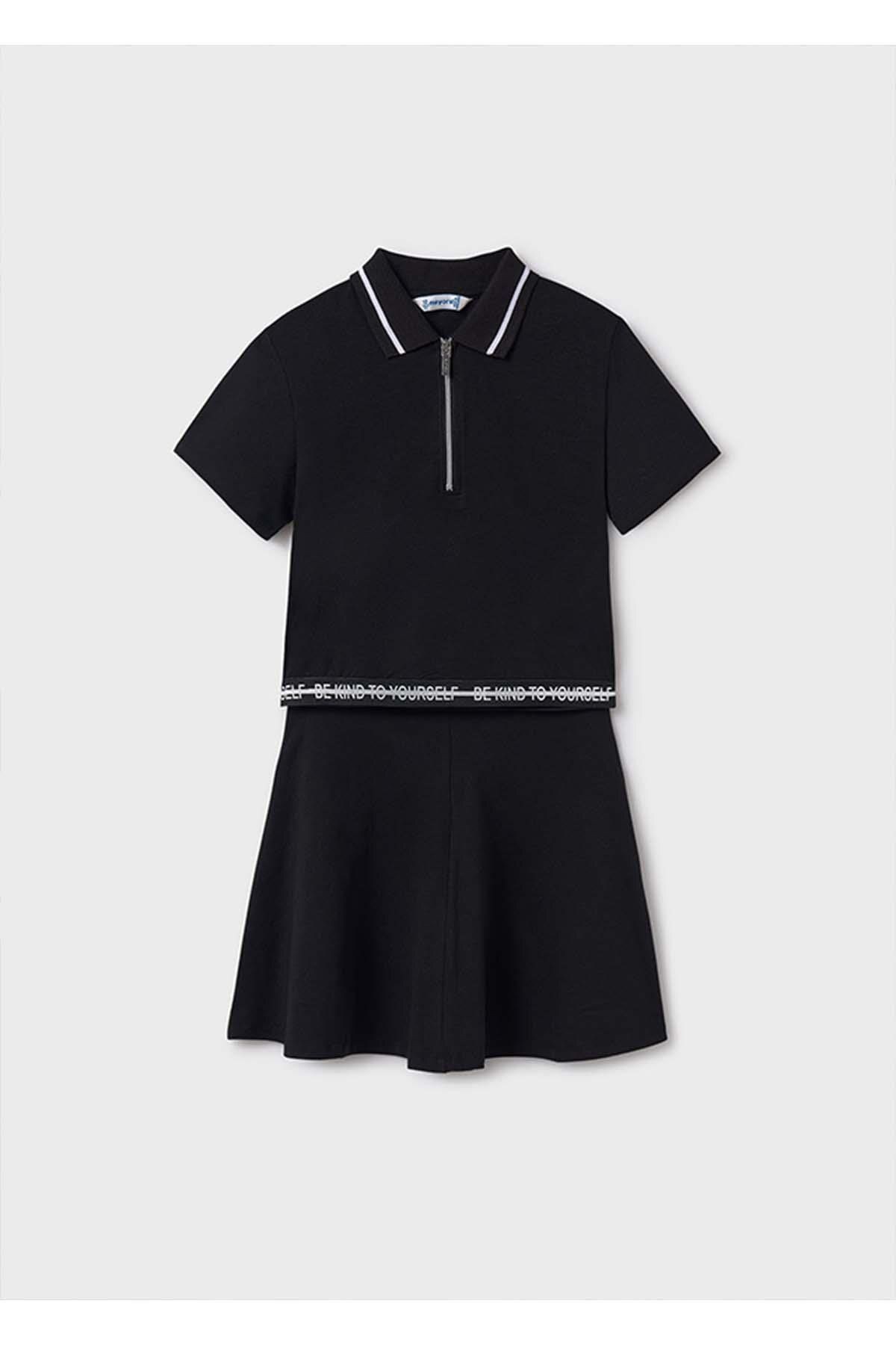 Yazlık Kız Çocuk Polo Yaka Üst T-shirt Etek 2'li Takım - Siyah