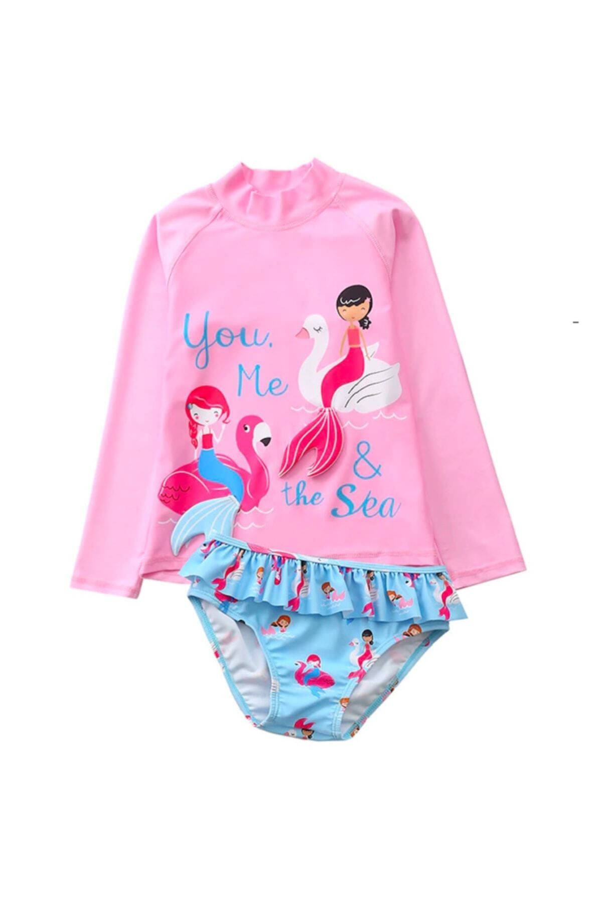 Uzun Kollu Mermaid Denizkizi Aplike Uv Korumali Pembe Mavi Kız Çocuk Mayo 3-5 Yas