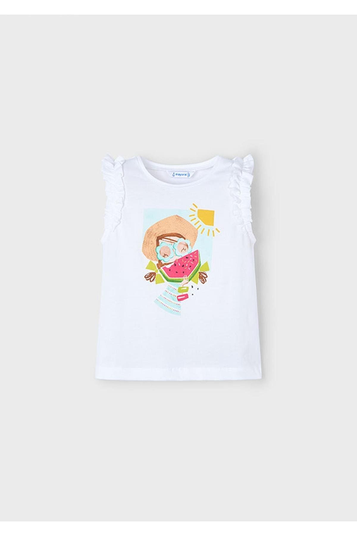 Yazlık Kız Çocuk Bakılı T-shirt - Beyaz