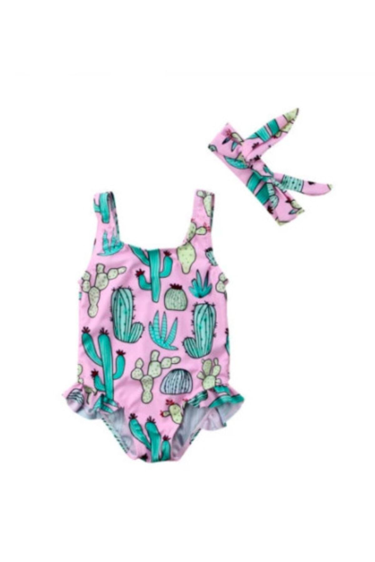 Pembe Kaktus Desenli Mayo Ve Sac Bandi- Kiz Cocuk Bebek Mayo Ve Bant