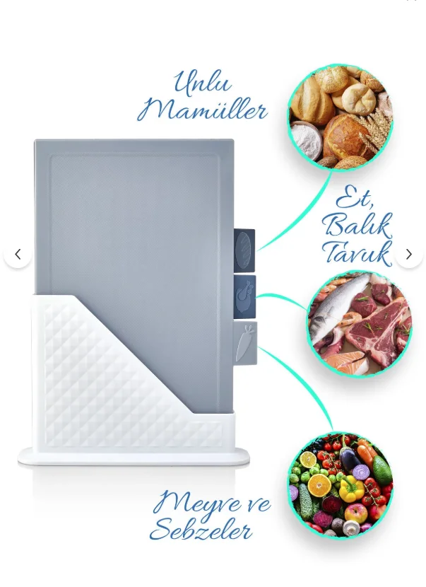 Evizmo 4’lü Tezgah Üstü Dikey Standlı Plastik Kesme Tahtası – Ekmek, Sebze, Et Doğrama Seti