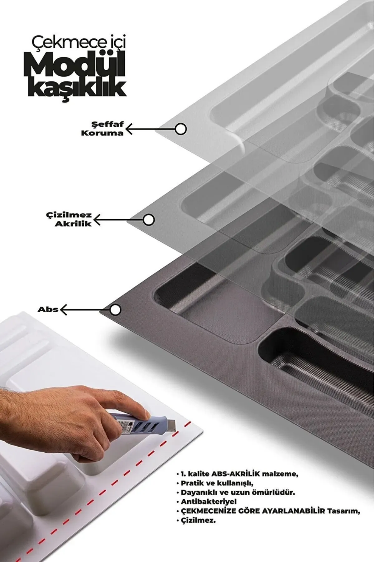Evizmo Çekmece İçi Kesilebilir Kaşıklık 42x49 cm – Antrasit Renk