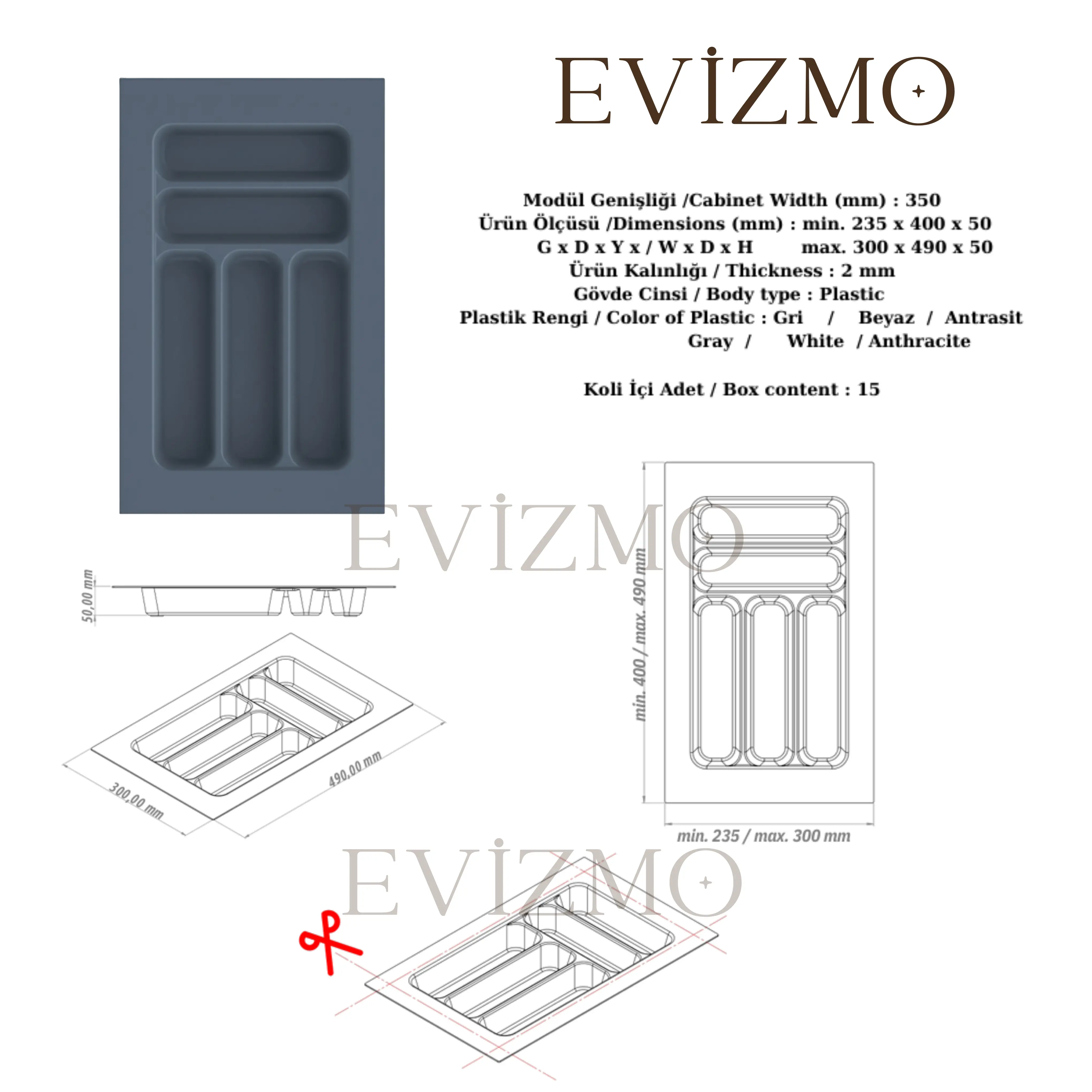 Evizmo Çekmece İçi Kesilebilir Kaşıklık 42x49 cm – Antrasit Renk