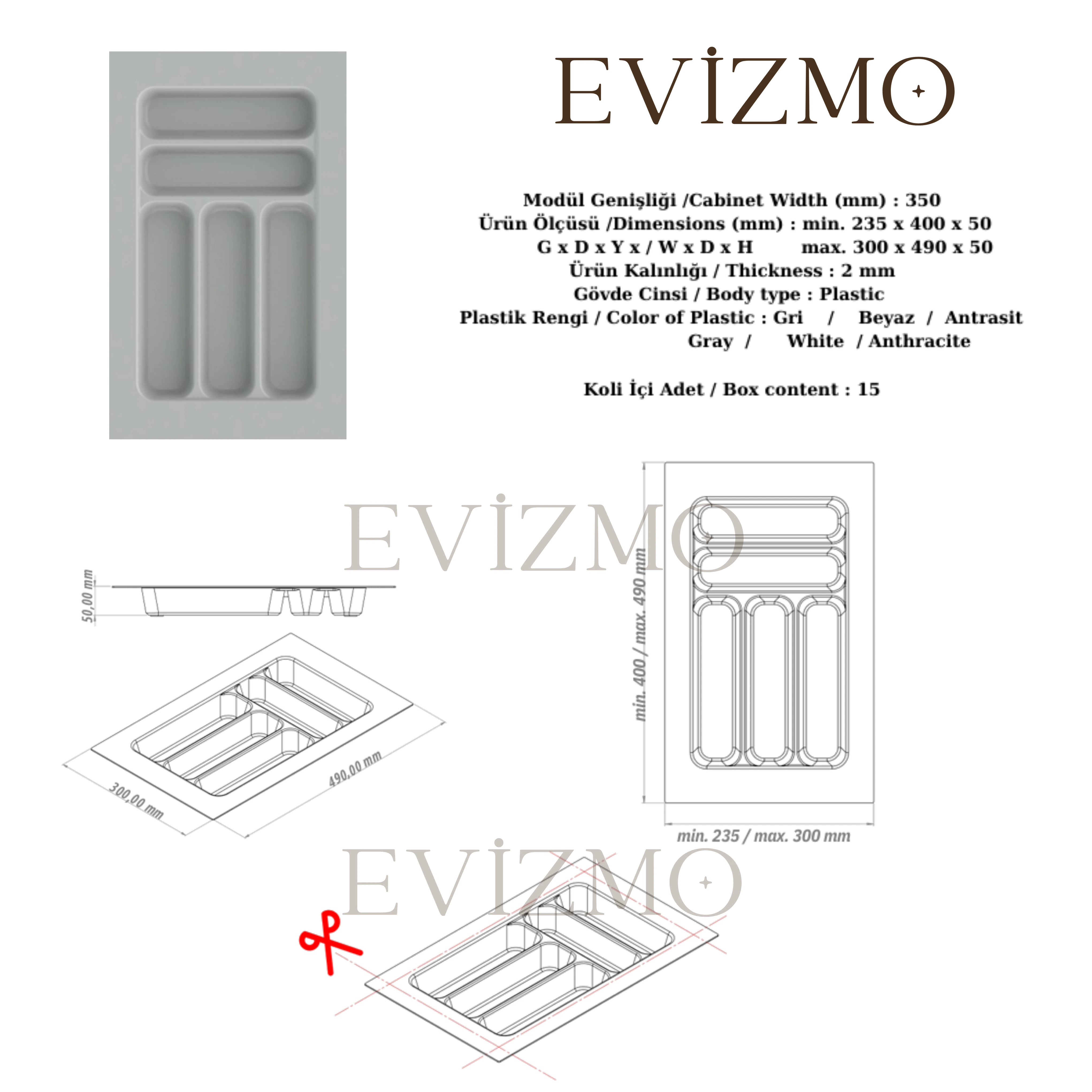 Evizmo Çekmece İçi Kesilebilir Kaşıklık – Gri Renk