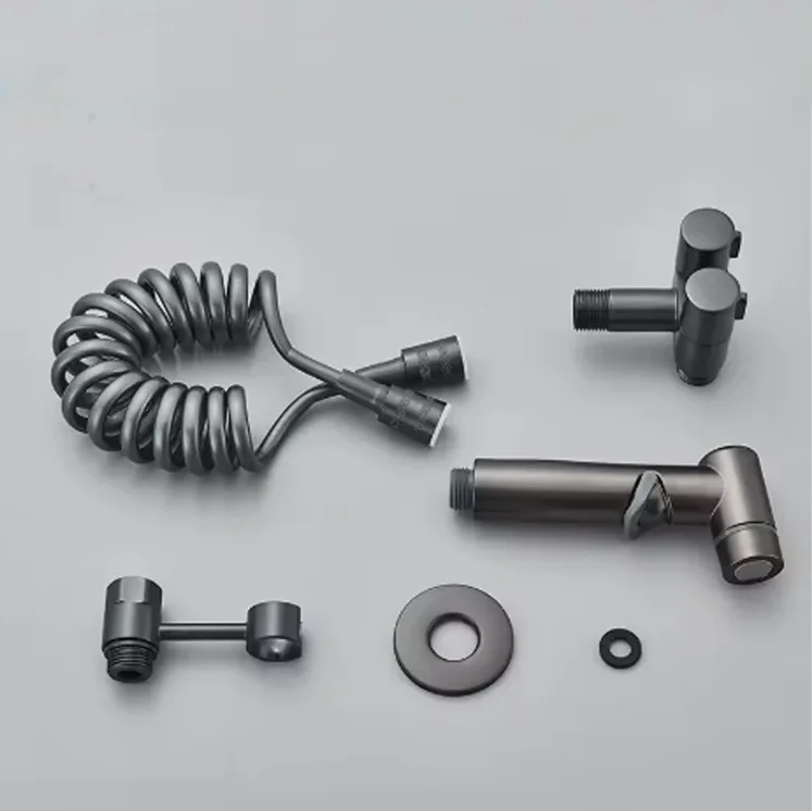 Evizmo Tabancalı Spiralli Taharet Musluğu – Klozet Temizleme Seti Koyu Gri