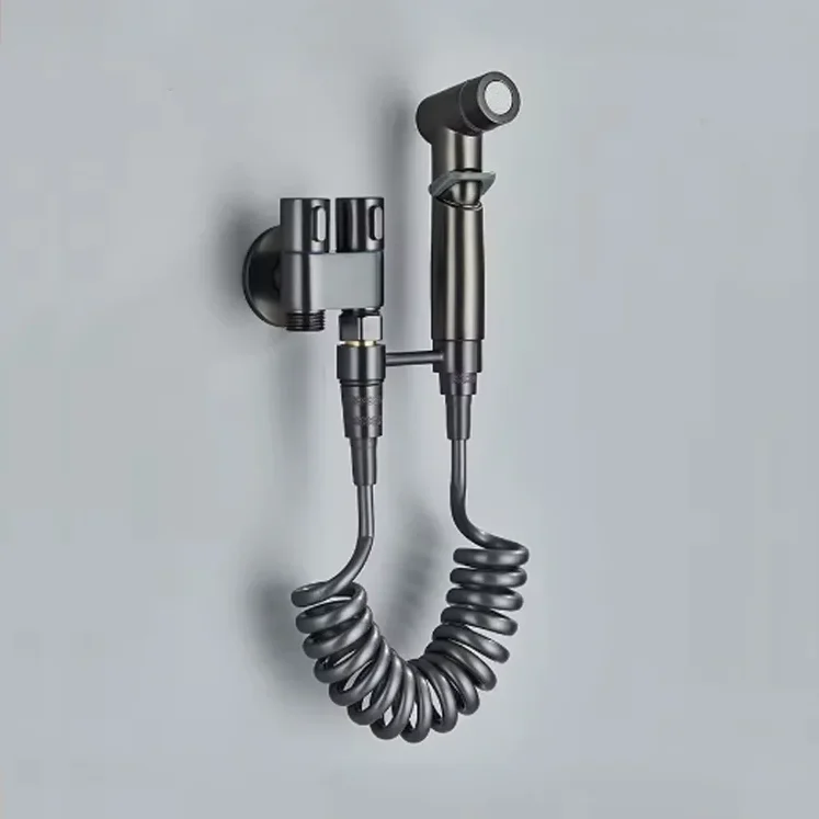 Evizmo Tabancalı Spiralli Taharet Musluğu – Klozet Temizleme Seti Koyu Gri