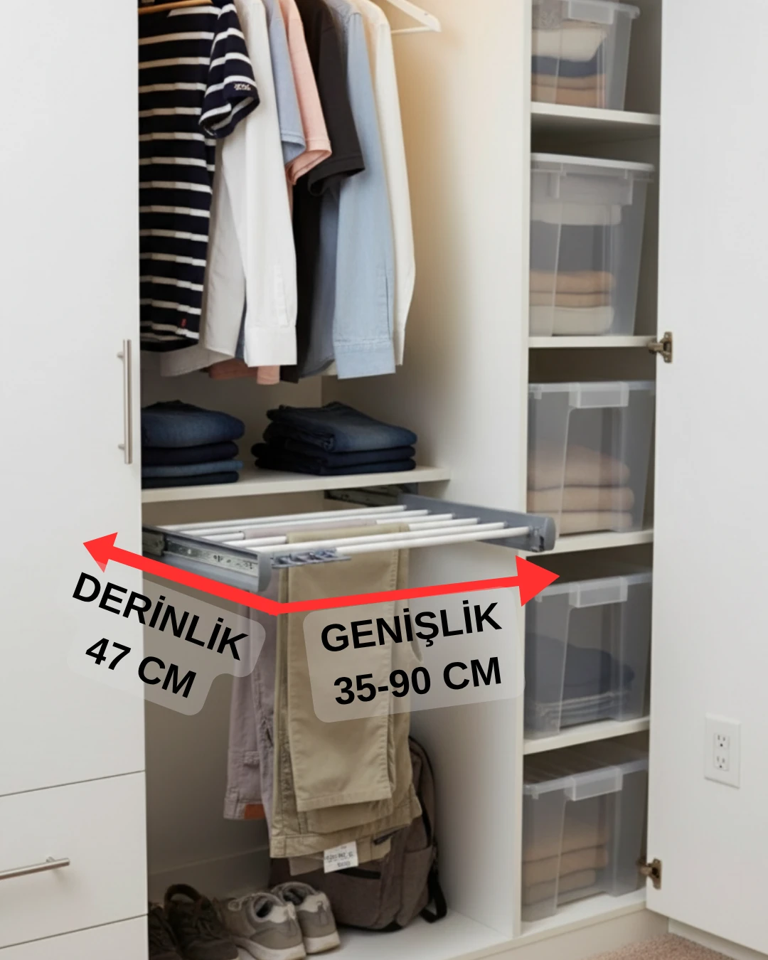 Evizmo Raylı Pantolonluk Askılığı - Teleskopik Dolap İçi Raylı Düzenleyici - Genişlik 40 cm x Derinlik 47 cm