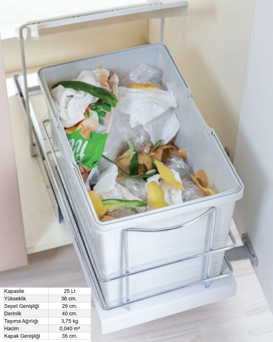 Evizmo 25 L Gri Raylı Çöp Kovası – Dolap İçi Otomatik Kapaklı