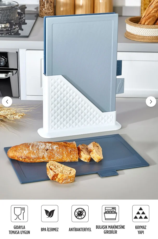 Evizmo 4’lü Tezgah Üstü Dikey Standlı Plastik Kesme Tahtası – Ekmek, Sebze, Et Doğrama Seti