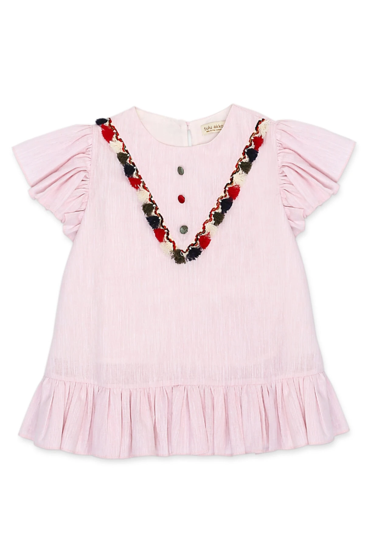 Yaka Detaylı Fırfırlı Pembe Elbise