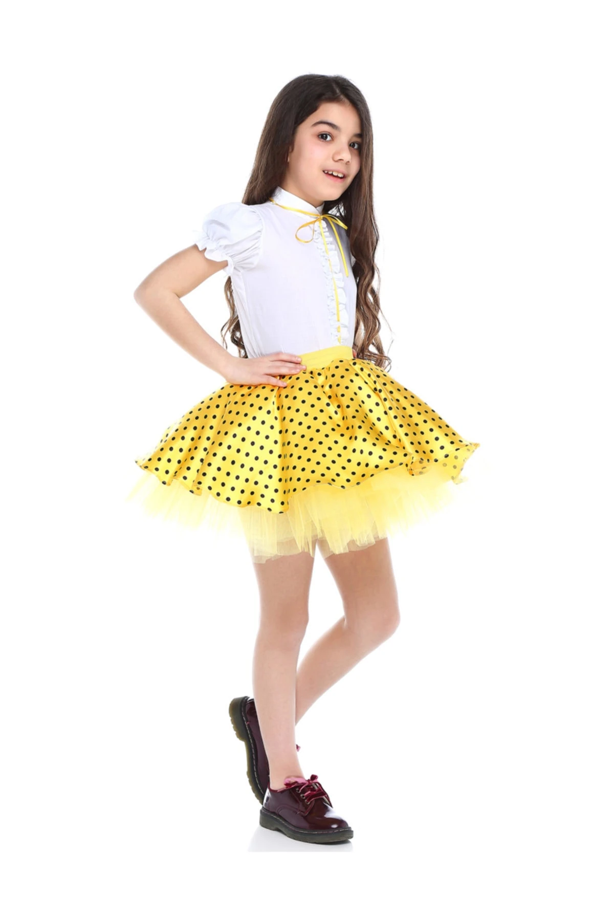 Tütü Etek- Gömlek Takım (saten Sarı-siyah Puantiyeli)