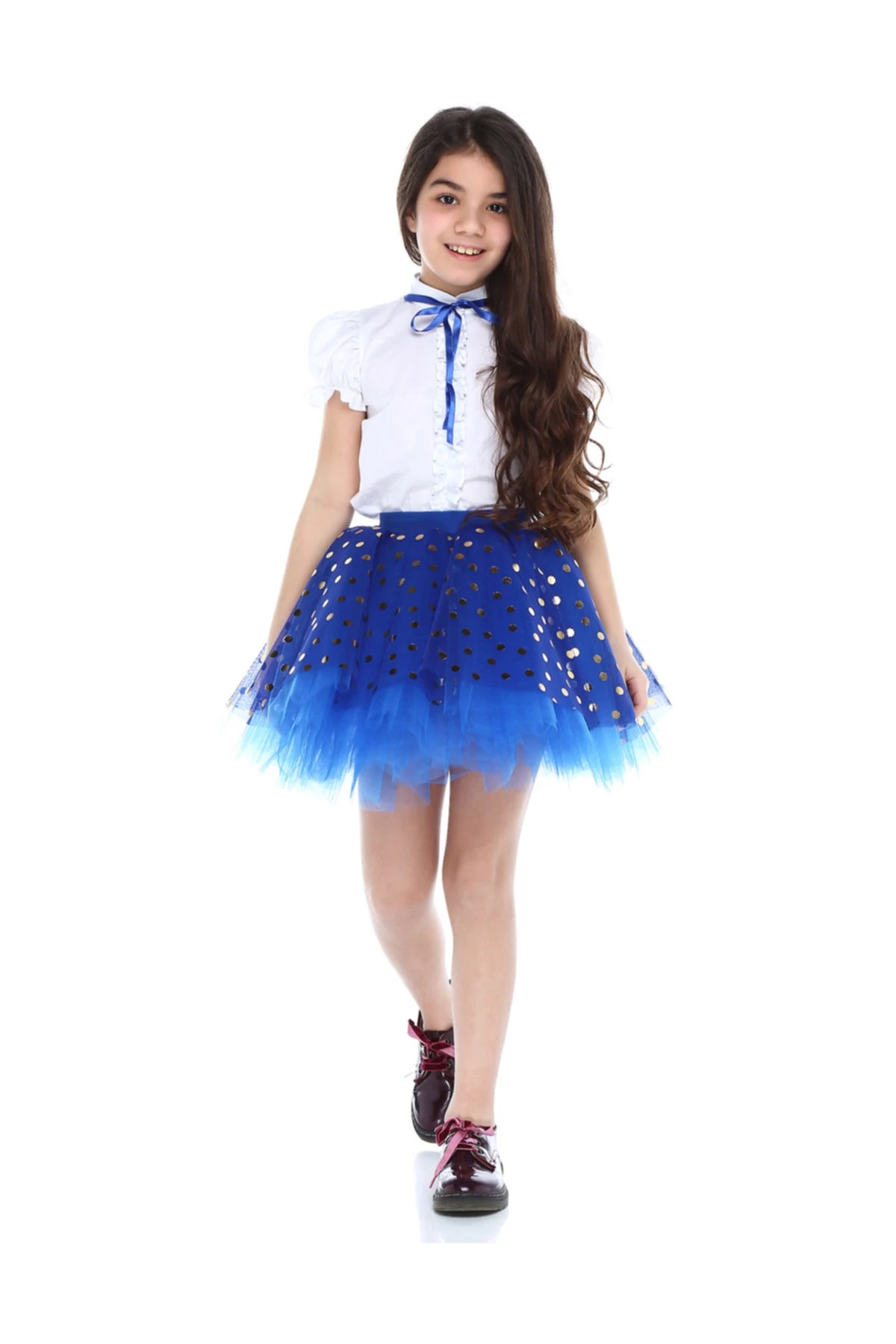 Tütü Etek - Gömlek Takım (Mavı-Dore Puantiyeli)