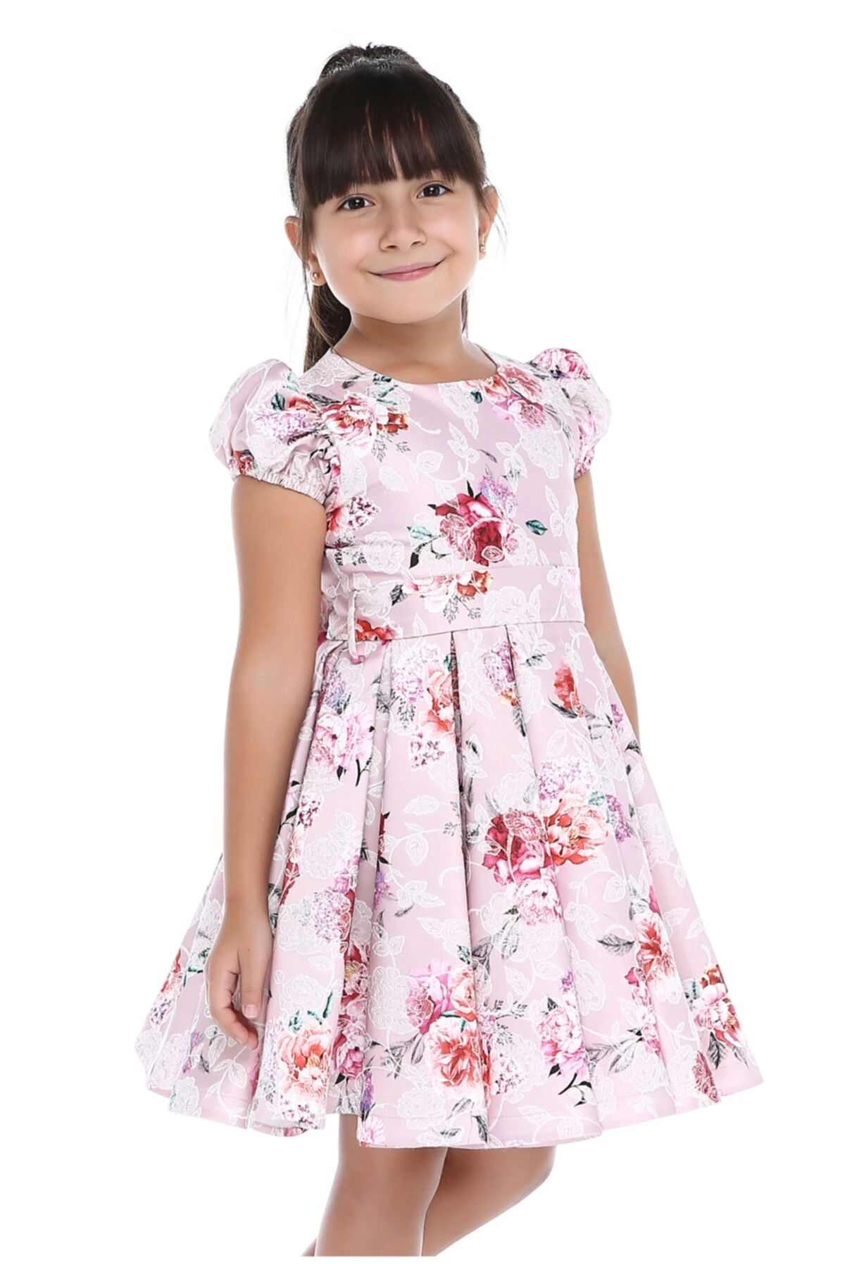 Kız Çocuk Pembe Karpuz Kollu Çiçekli Elbise