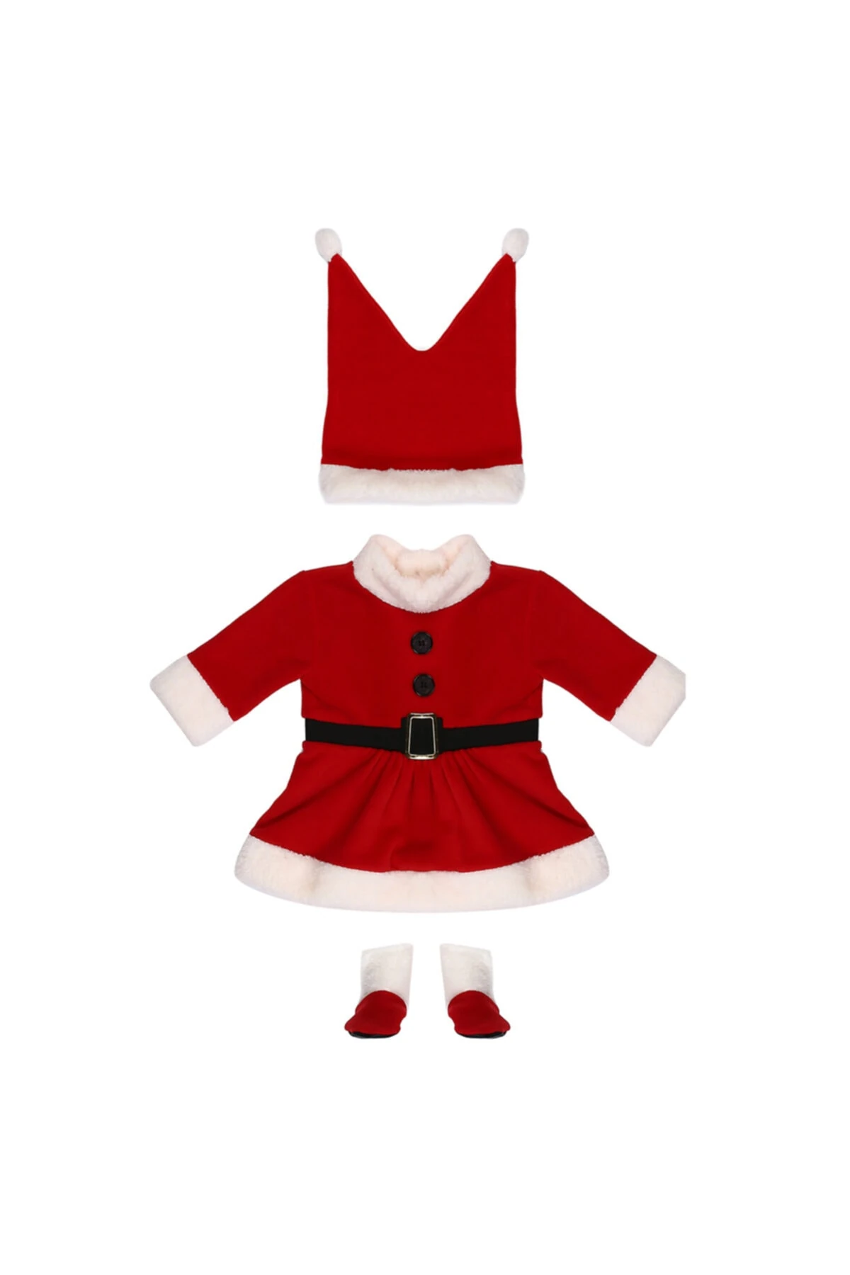 Kız Bebek Noel Elbise Kemerli Çıtçıtlı Patikli Şapkalı Yılbaşı Kostümü