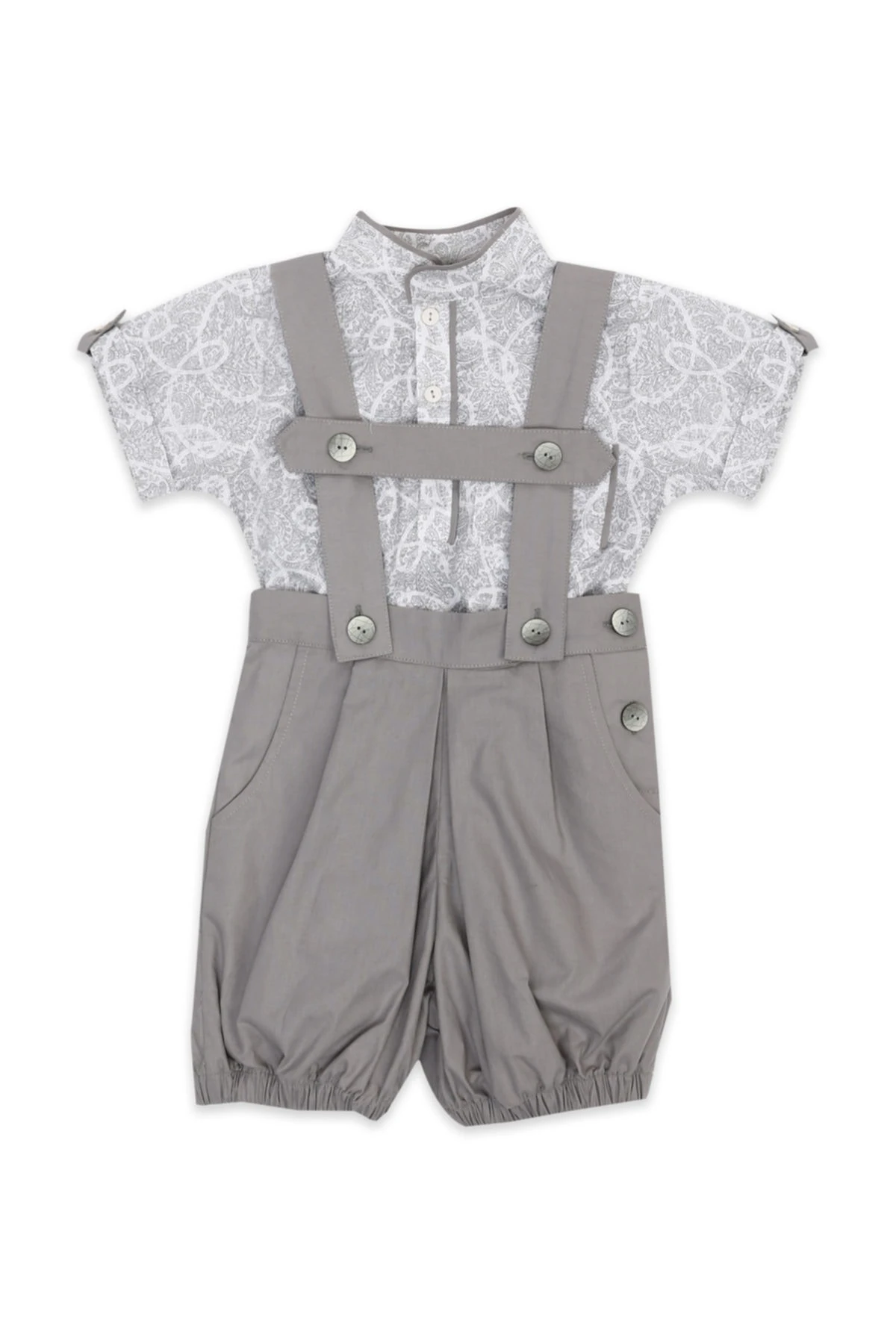2'li Takım Gri Desenli Gömlek-gri Çit Askılı Şort