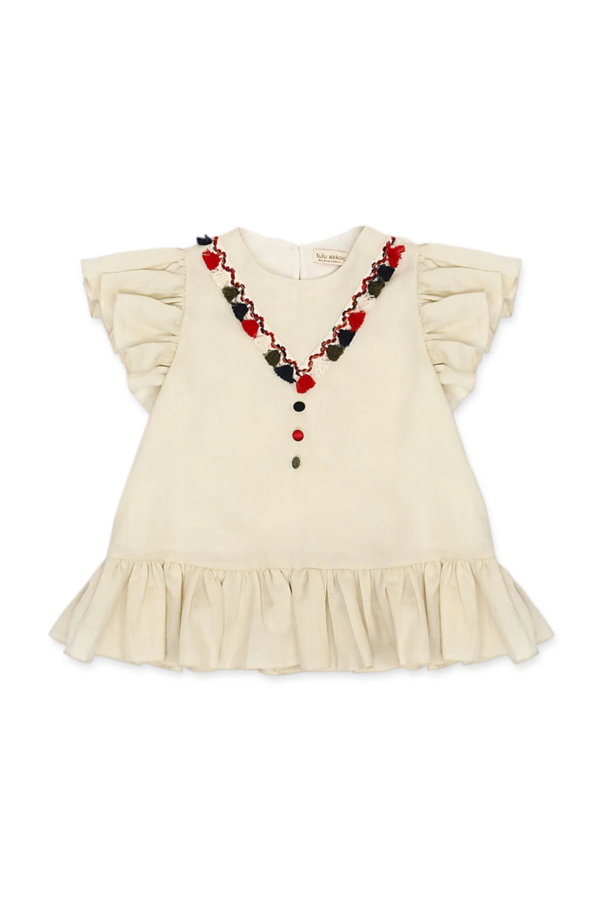 Yaka Detaylı Fırfırlı Bej Elbise