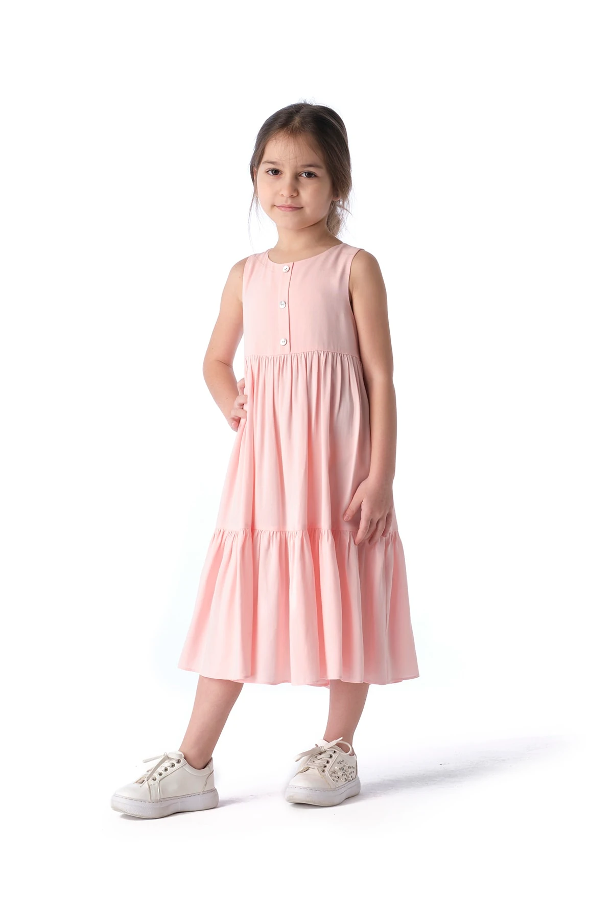 Kız Çocuk Pembe Sıfır Kollu Yazlık Elbise Tak21e117a