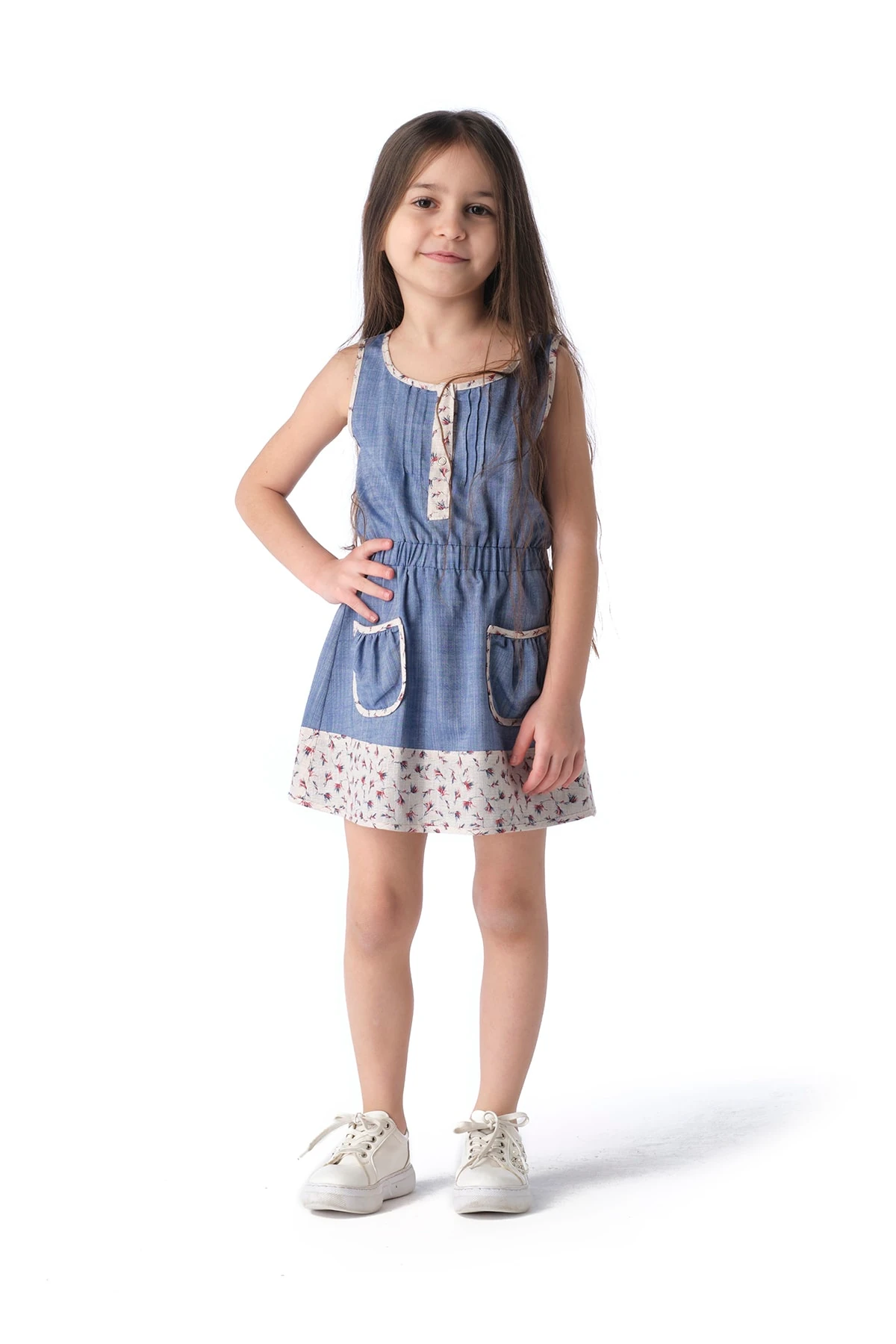 Kız Çocuk Mavi Cepli Sıfır Kol Yazlık Elbise Tak21e109a