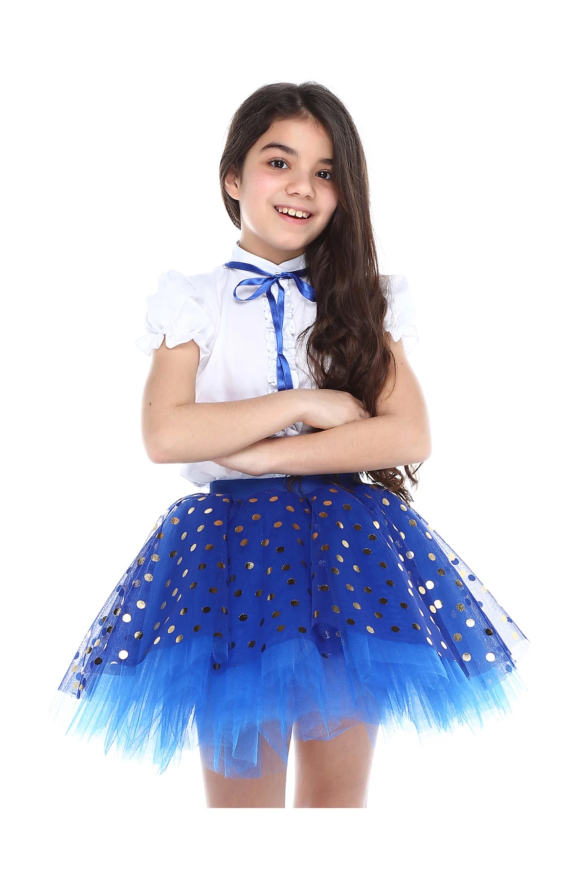 Tütü Etek - Gömlek Takım (Mavı-Dore Puantiyeli)