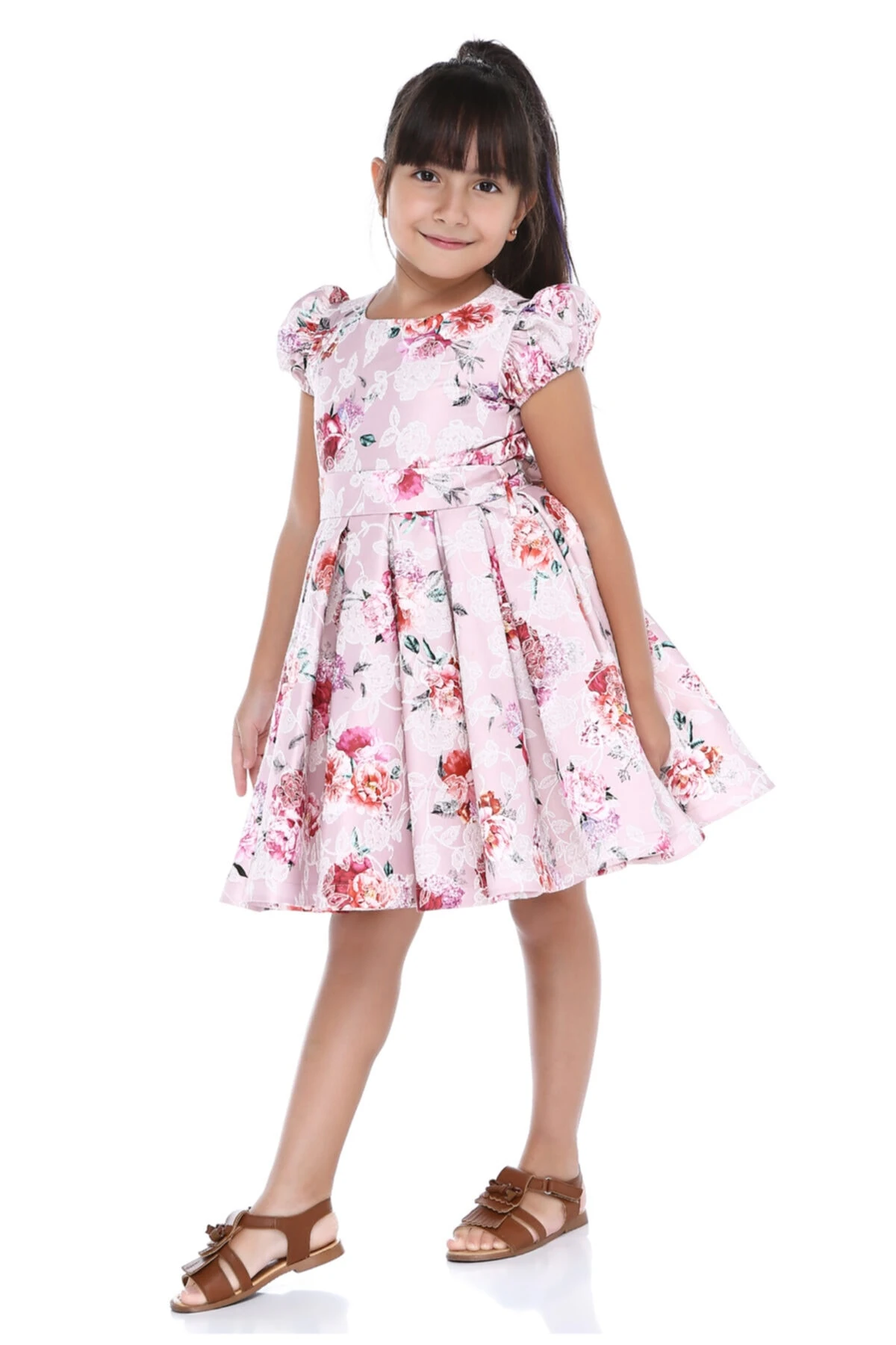 Kız Çocuk Pembe Karpuz Kollu Çiçekli Elbise