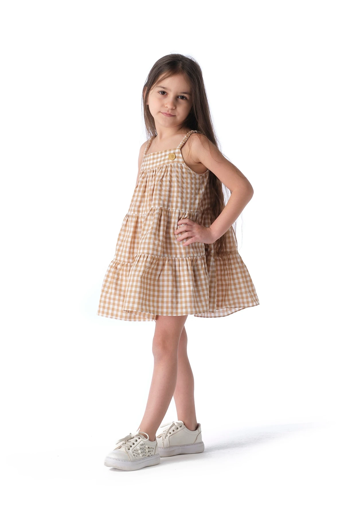 Kız Çocuk Kahverengi Kareli Yazlık Elbise Tak21e108d