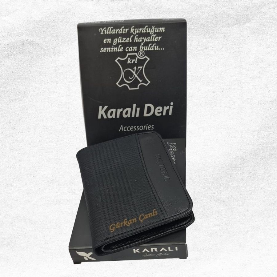 KİŞİYE ÖZEL KUTULU SİYAH EKOSE ERKEK CÜZDAN