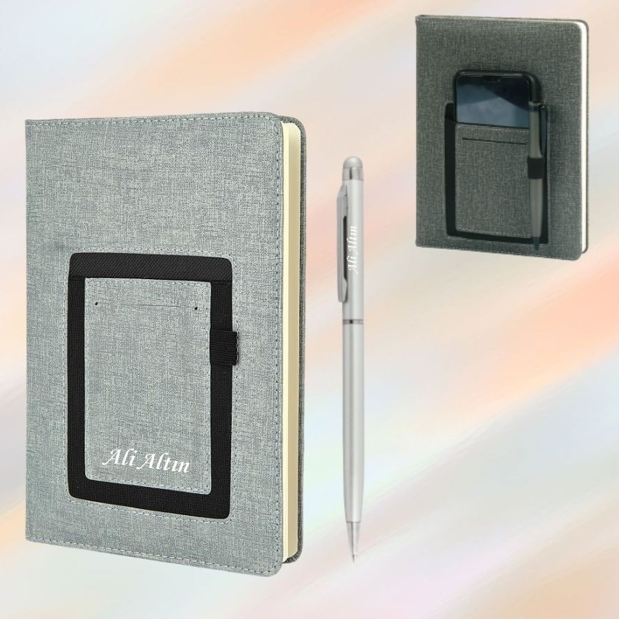 KİŞİYE ÖZEL İSİM BASKILI CEPLİ ÇİZGİLİ DEFTER VE METAL TÜKENMEZ KALEM