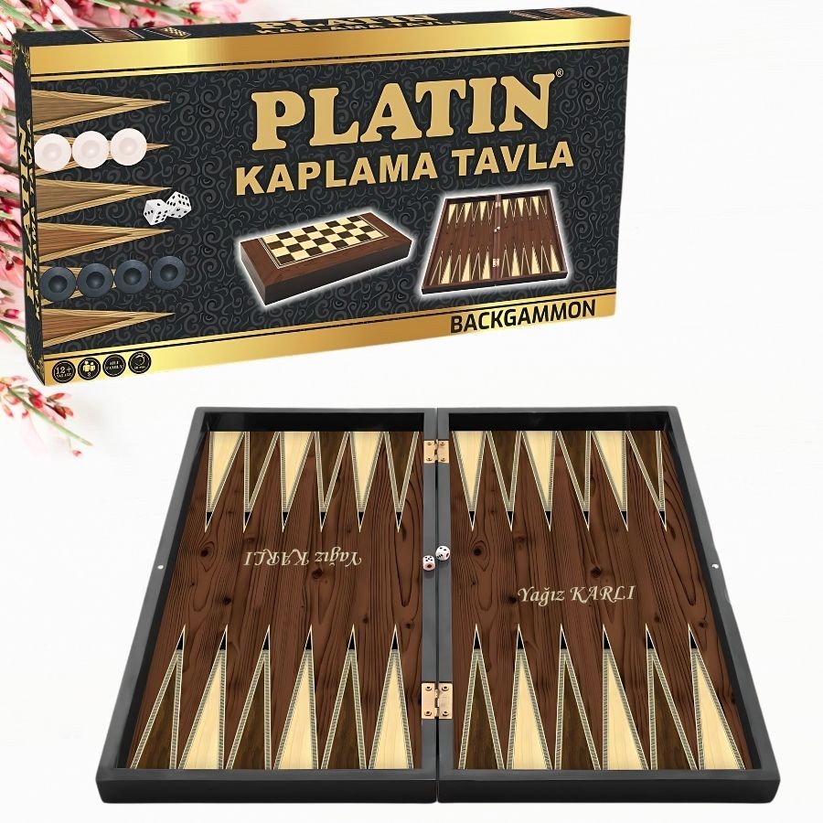 Kişiye Özel Isim Baskılı Platin Ceviz Tavla Büyük Boy - Iç Ve Dış Kısım Çizilmez Özel Kaplama