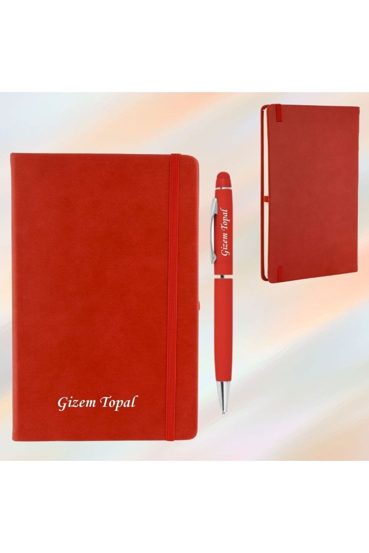 Kişiye Özel Isim Baskılı Deri Kapaklı Çizgili Defter Ve Kalem Seti