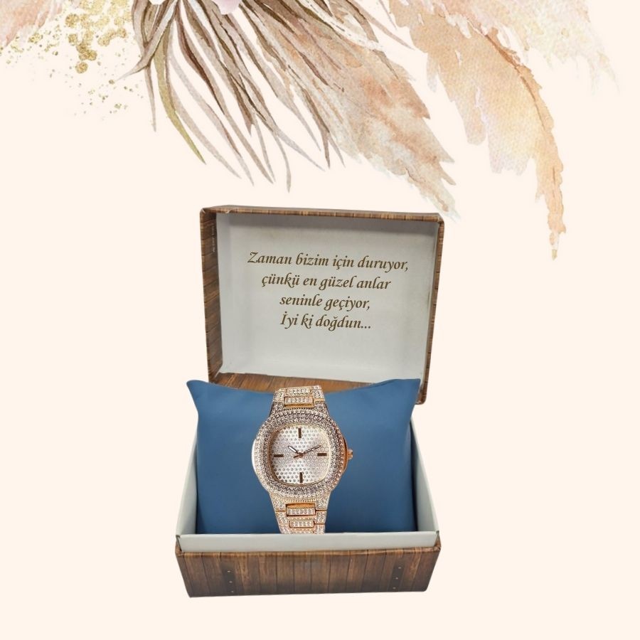  KİŞİYE ÖZEL KUTULU METAL TAŞLI KORDON METAL TAŞLI  KASA ROSE GOLD KADIN KOL SAATİ