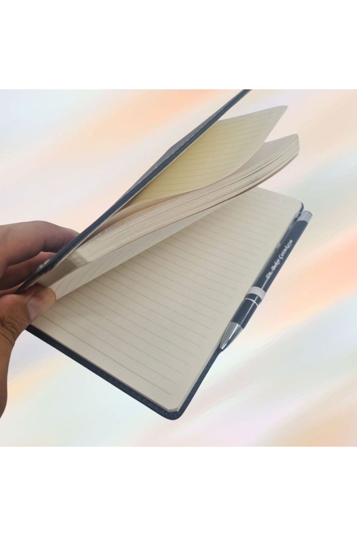 Kişiye Özel Isim Baskılı Deri Kapaklı Çizgili Sihirli Defter Ve Kalem Seti