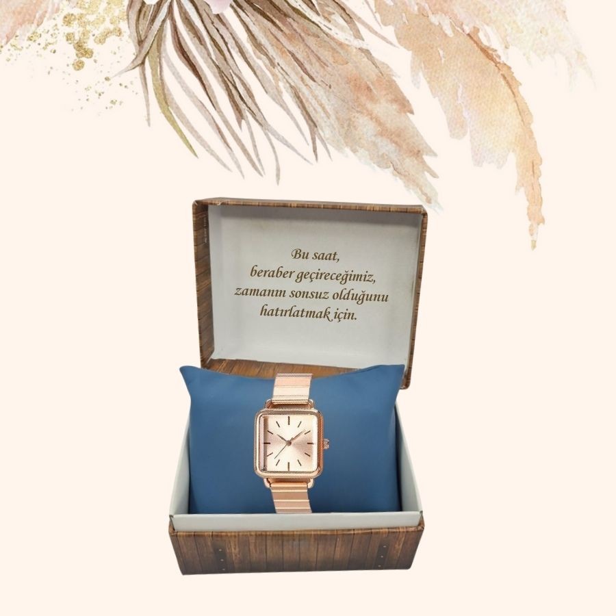  KİŞİYE ÖZEL KUTULU METAL KORDON MİNİMAL KARE ROSE GOLD VEYA SİYAH ROSE GOLD KADIN KOL SAATİ