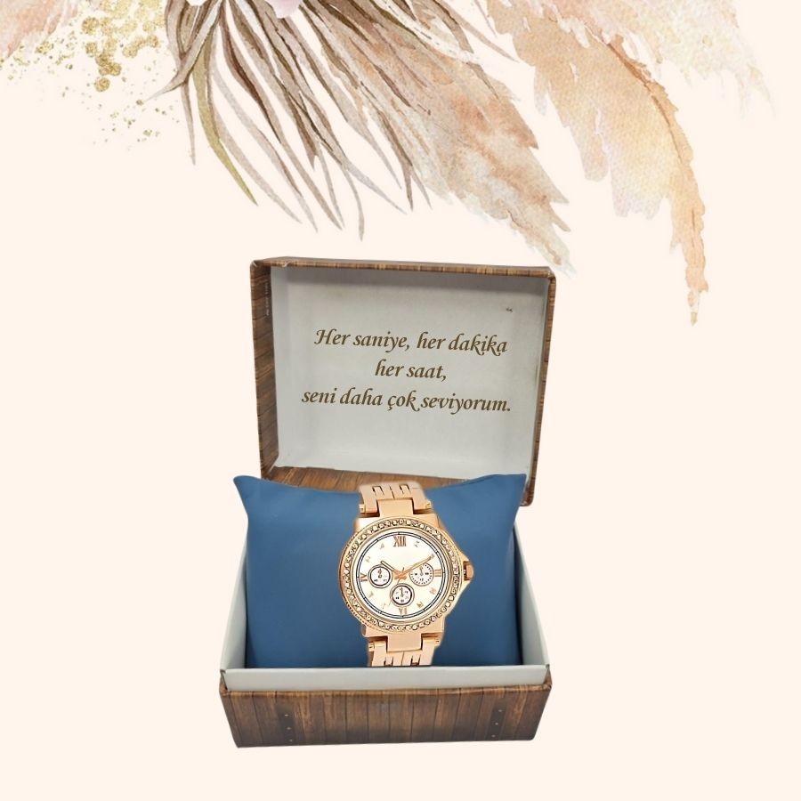  KİŞİYE ÖZEL KUTULU METAL KORDON METAL TAŞLI KASA ROSE GOLD KADIN KOL SAATİ